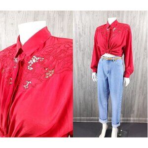 Vintage Red Timeless Essential Blouse Embroidery Cowgirl Granny Chic Grandma